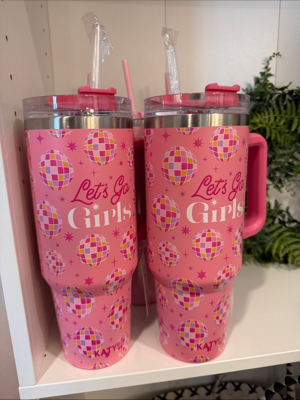 Katydid Pink "Let's Go Girls" Disco Ball Travel Mug Tumbler with Handle